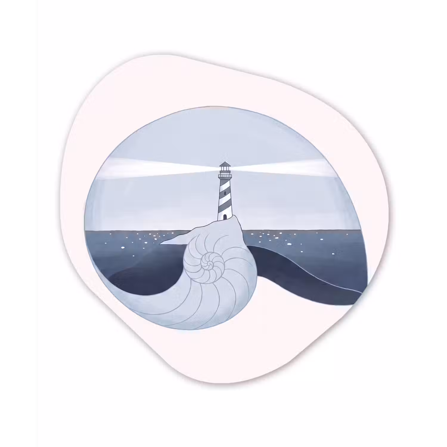 Vuurtoren - Zee - Schelp - Abstract - Blauw Wandcirkel Organisch Aluminium middel -3d