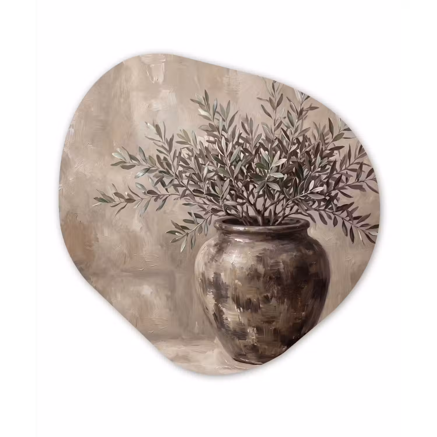 Olijfplant - Aardenpot - Abstract - Beige Wandcirkel Organisch Aluminium middel -3d