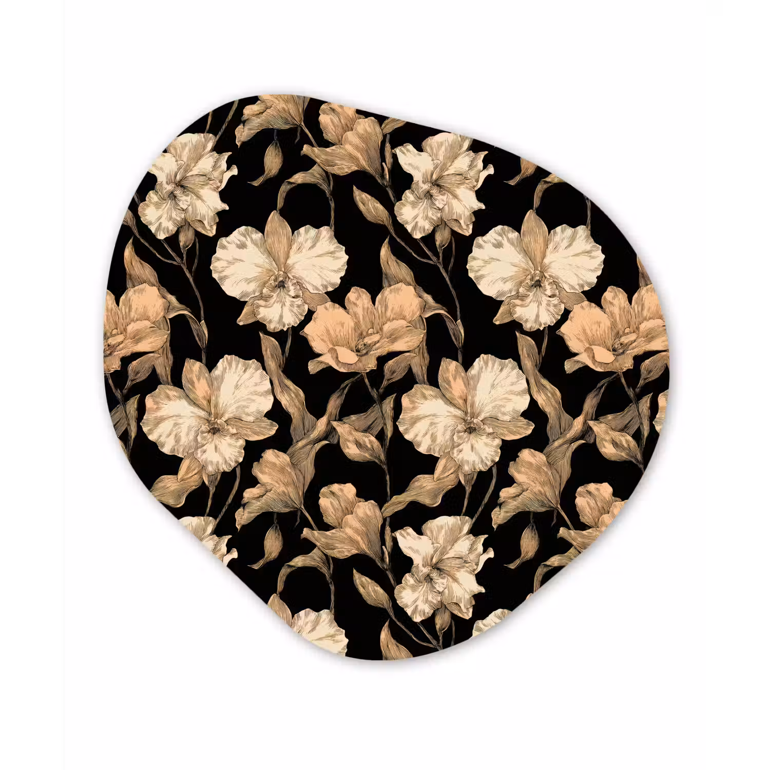 Orchideeën - Lijntekening - Patroon - Beige - Zwart Wandcirkel Organisch Aluminium middel 851 -3d