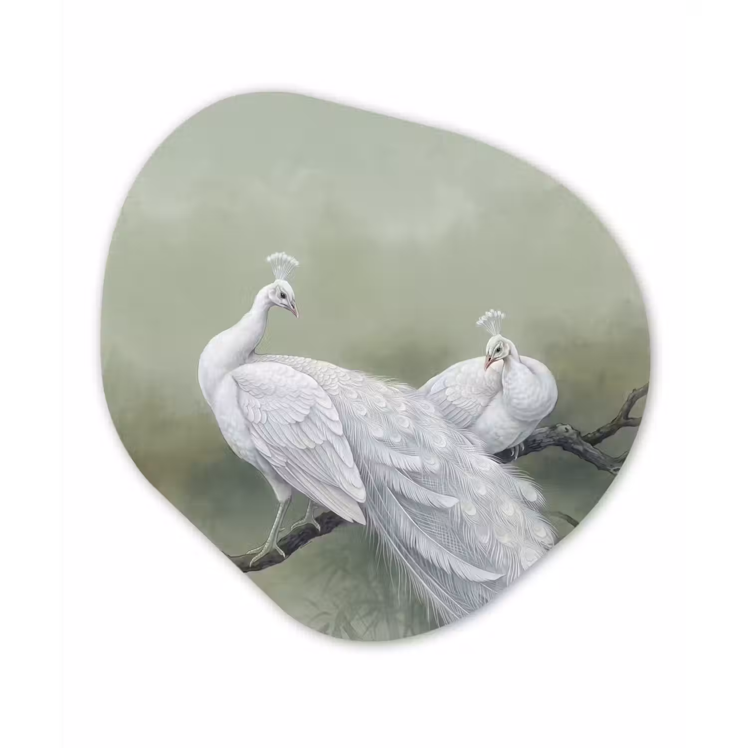 Pauwen - Wit - Natuur - Groen Wandcirkel Organisch Aluminium middel -3d