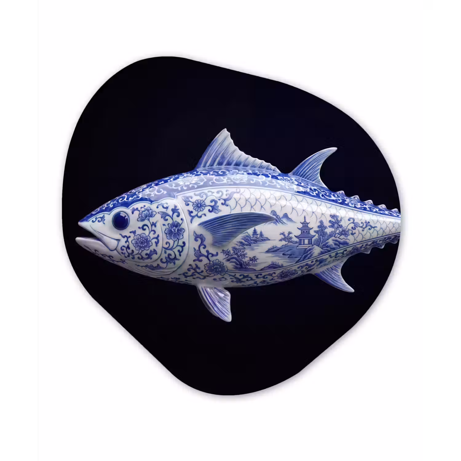 Porselein - Tonijn - Delfts - Blauw Wandcirkel Organisch Aluminium middel -3d