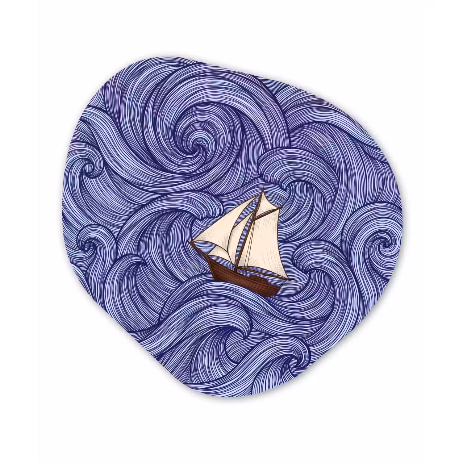 Schip - Golven - Zee - Illustratie - Blauw Wandcirkel Organisch Aluminium middel -3d