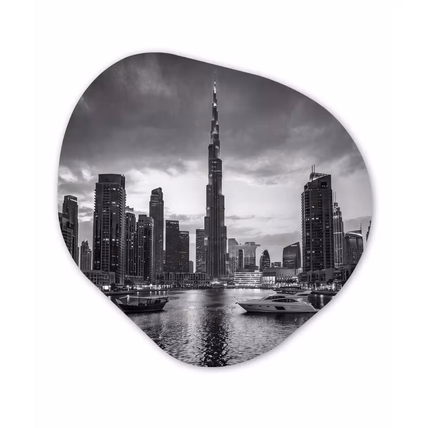 Stad - Skyline - Architectuur - Avond - Zwart-wit Wandcirkel Organisch Aluminium middel -3d