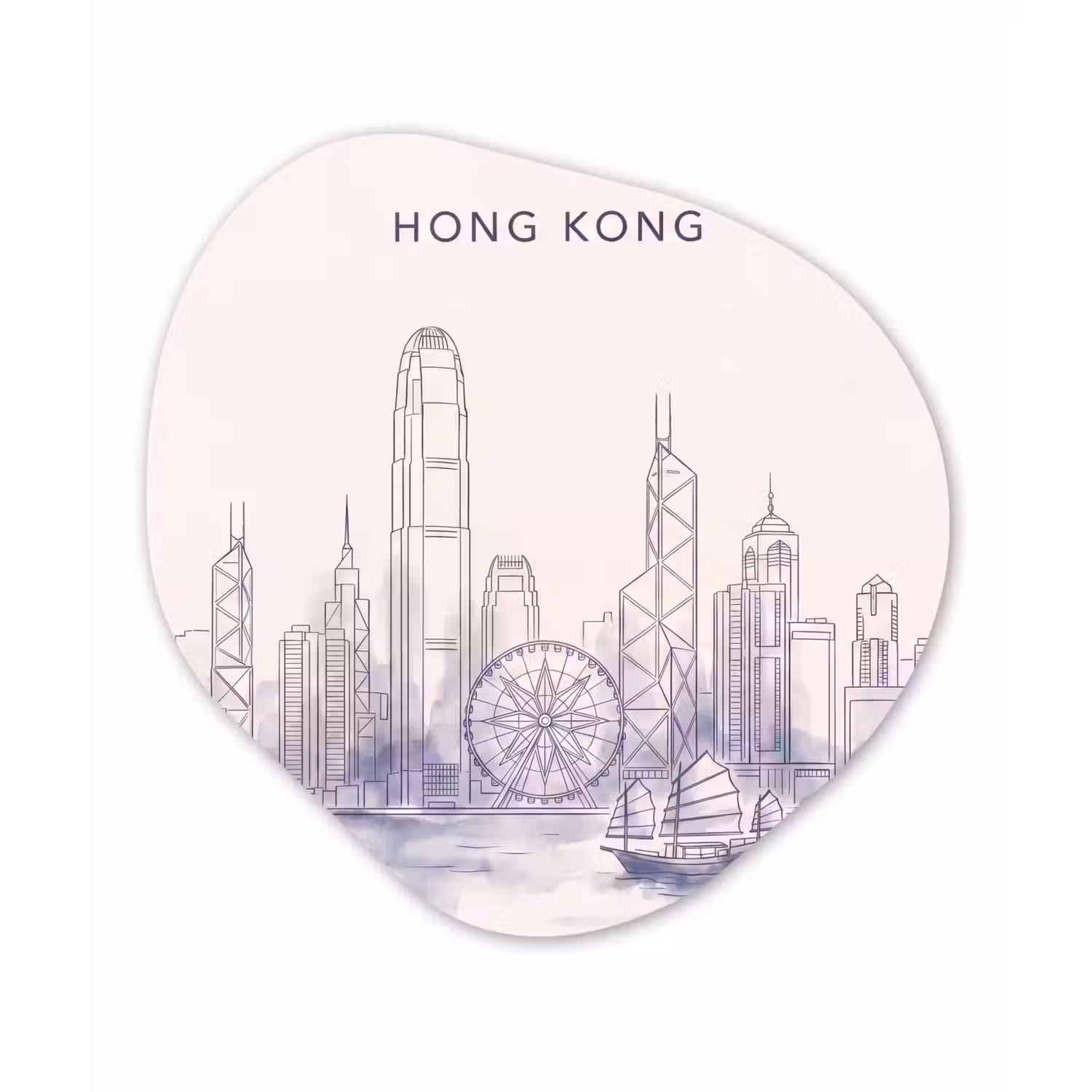 Stad - Skyline - Water - Lijntekening - Blauw Wandcirkel Organisch Aluminium middel -3d