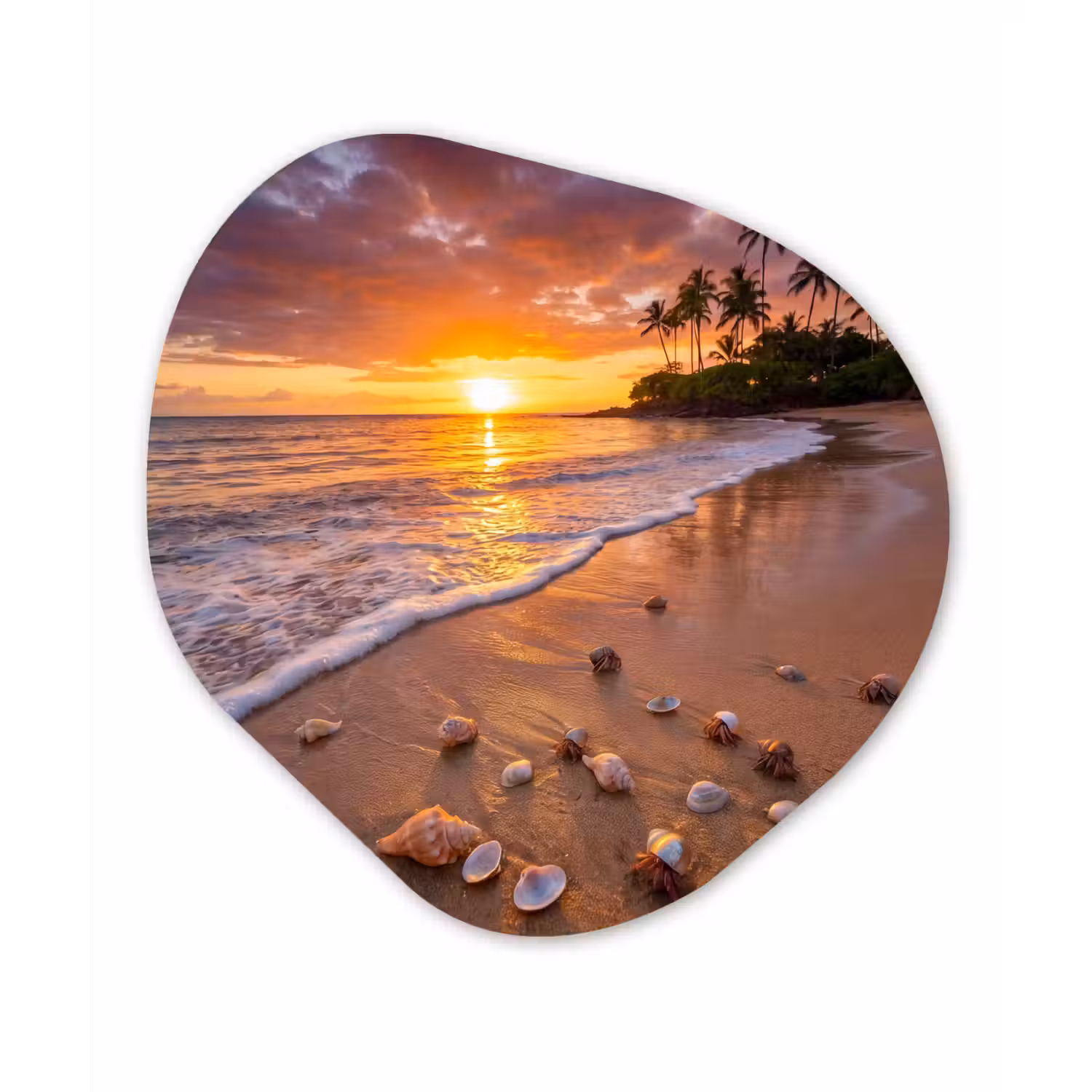 Strand - Zonsondergang - Palmbomen - Natuur - Oranje Wandcirkel Organisch Aluminium middel -3d