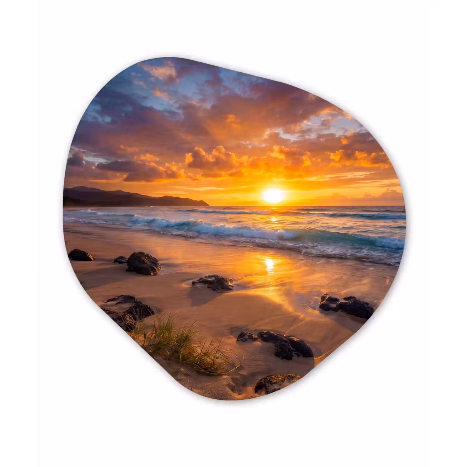 Strand - Zonsondergang - Golven - Natuur - Oranje Wandcirkel Organisch Aluminium middel -3d