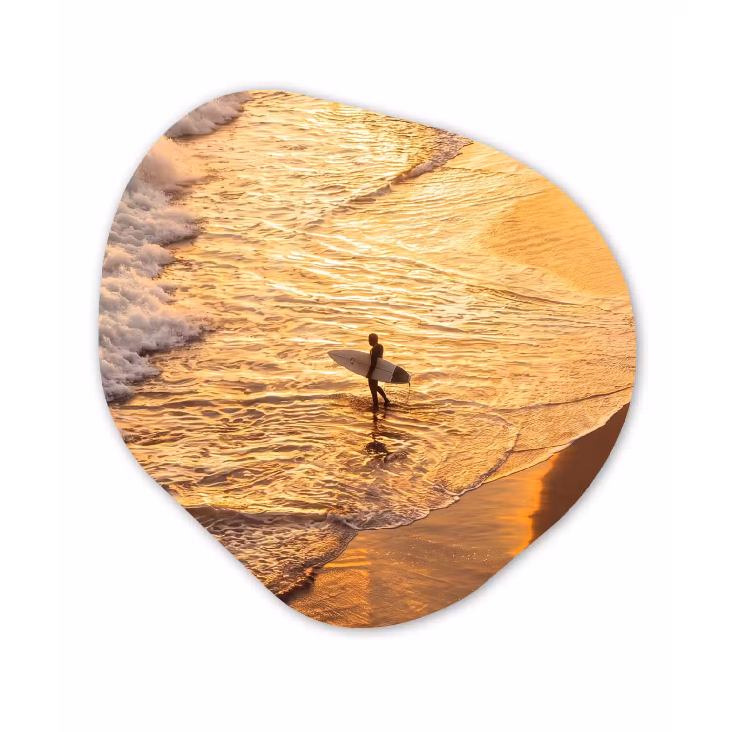 Surfer - Strand - Zonsondergang - Oceaan - Goud Wandcirkel Organisch Aluminium middel -3d