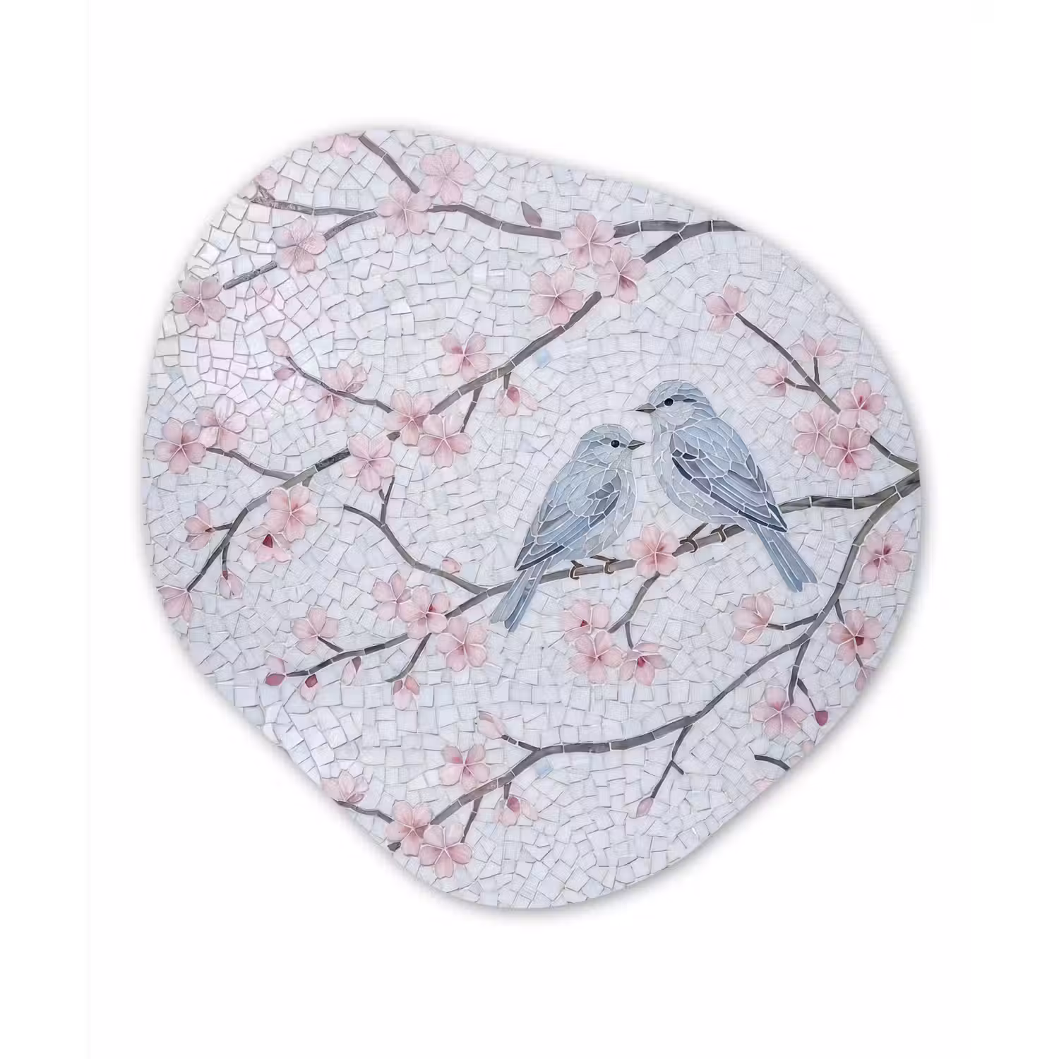 Vogel - Bloemen - Natuur - Mozaïek - Roze Wandcirkel Organisch Aluminium middel -3d