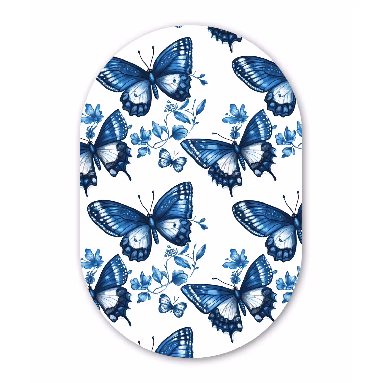 Blauw - Vlinders - Bloemen - Wit Wandcirkel Ovaal Aluminium middel 839 -3d