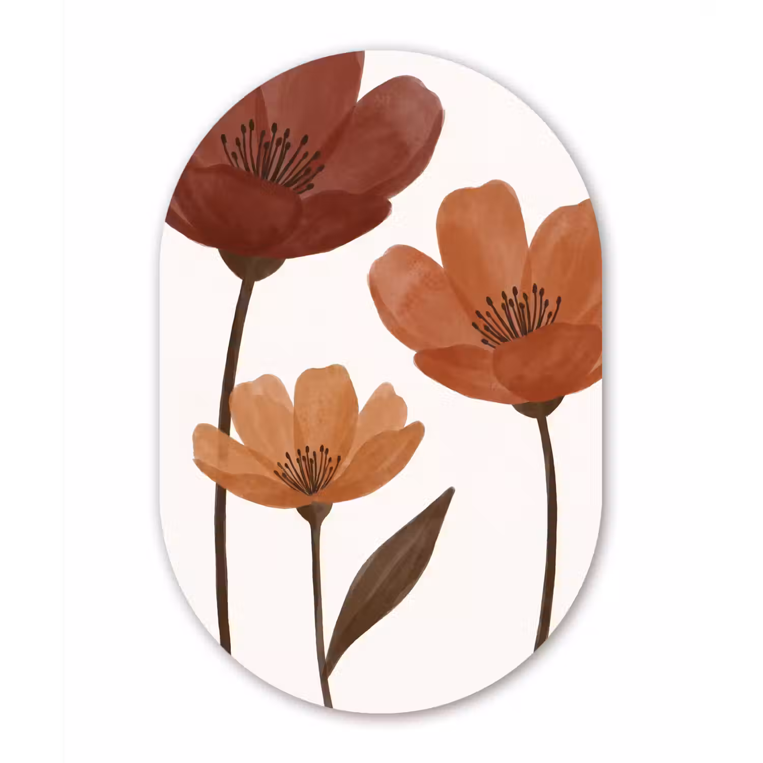 Bloemen - Abstract - Modern - Bruin - Decoratief Wandcirkel Ovaal Aluminium middel -3d