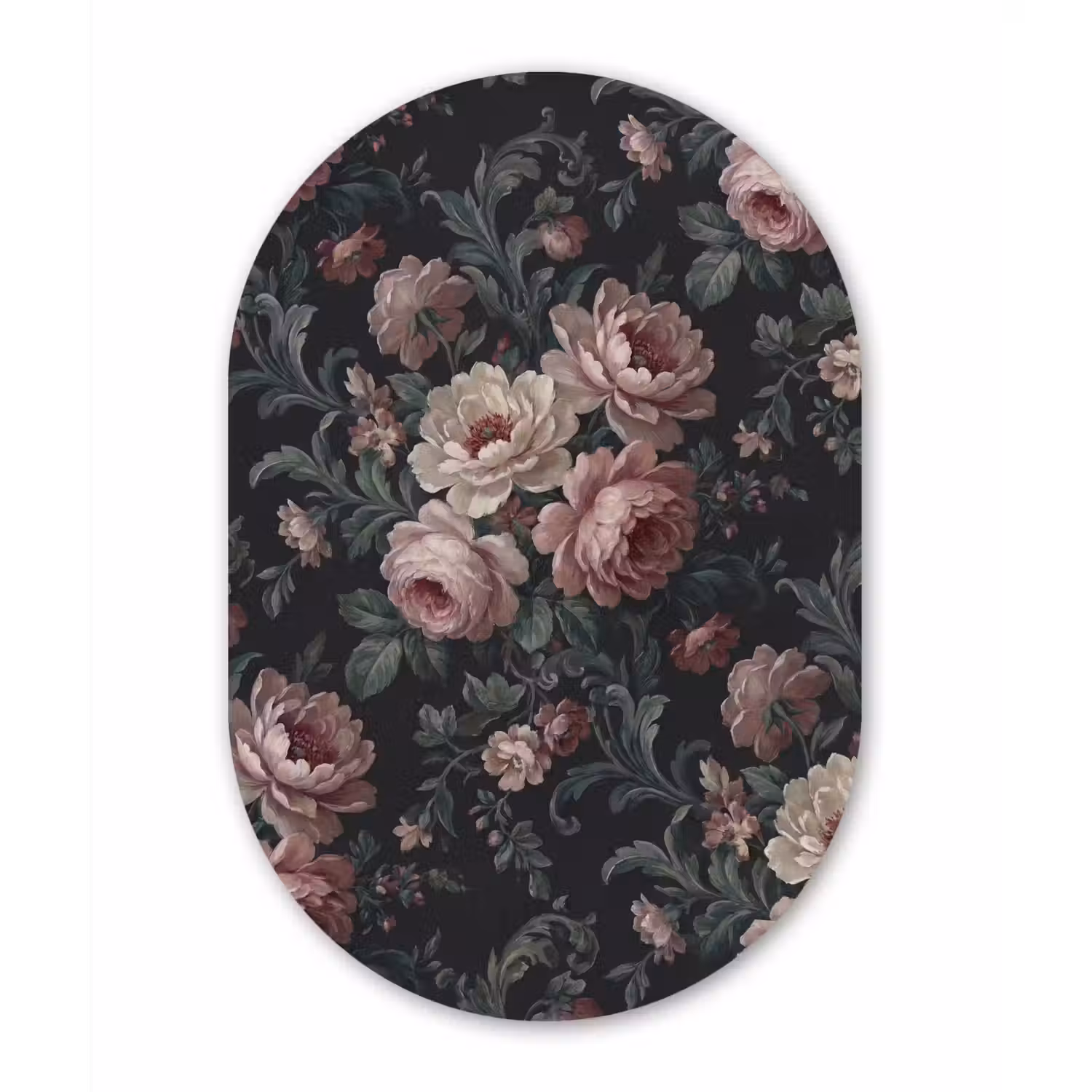 Bloemen - Patroon - Sierlijk - Roze - Donker Wandcirkel Ovaal Aluminium middel -3d