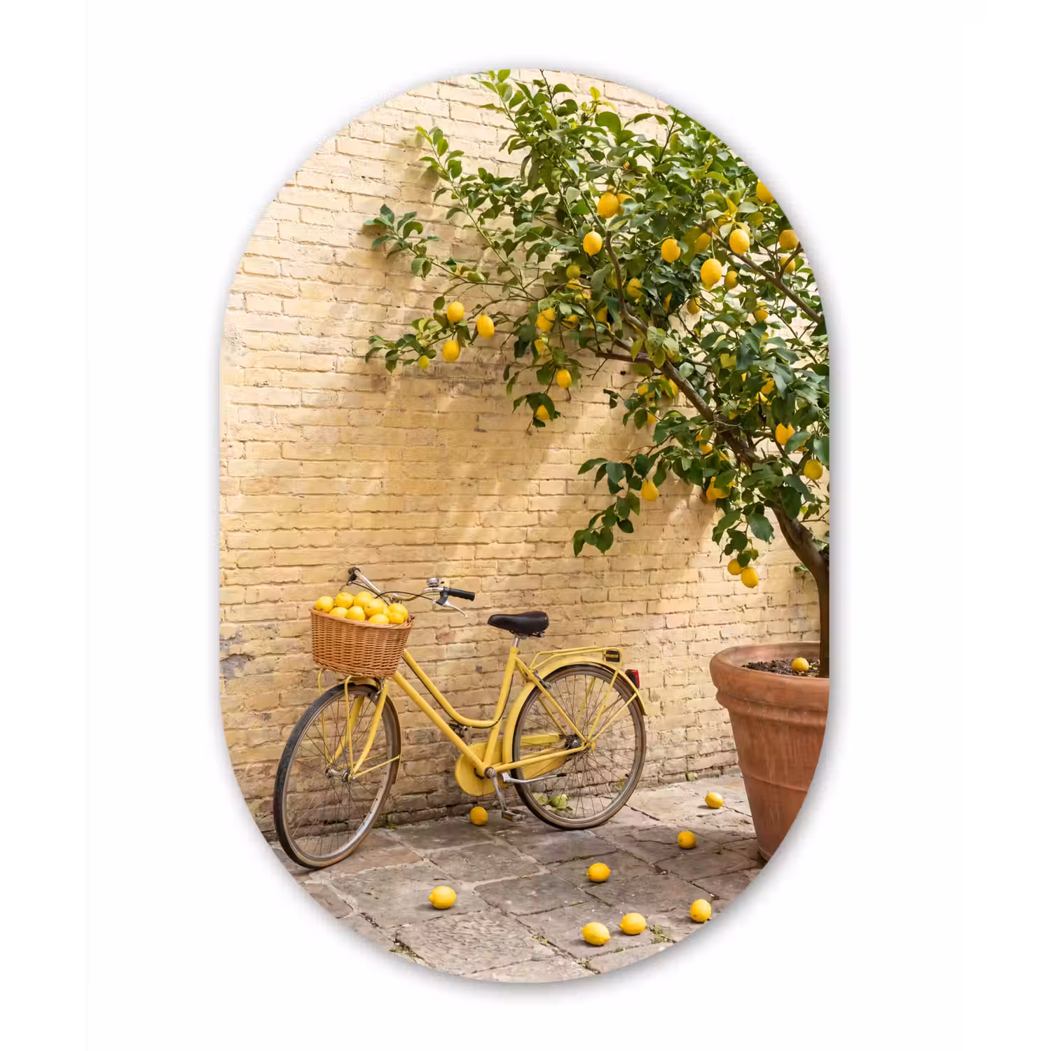 Fiets - Mand - Eten - Geel - Zomer Wandcirkel Ovaal Aluminium middel -3d