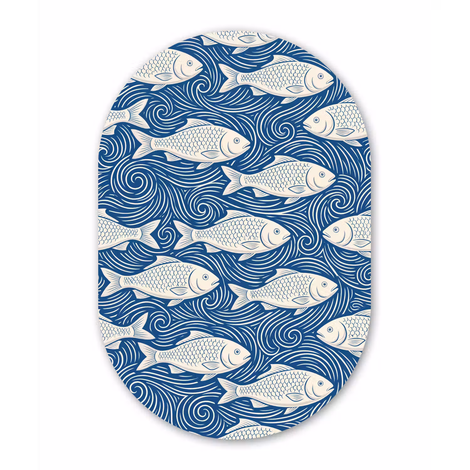 Vis - Water - Patroon - Grafisch - Blauw Wandcirkel Ovaal Aluminium middel -3d