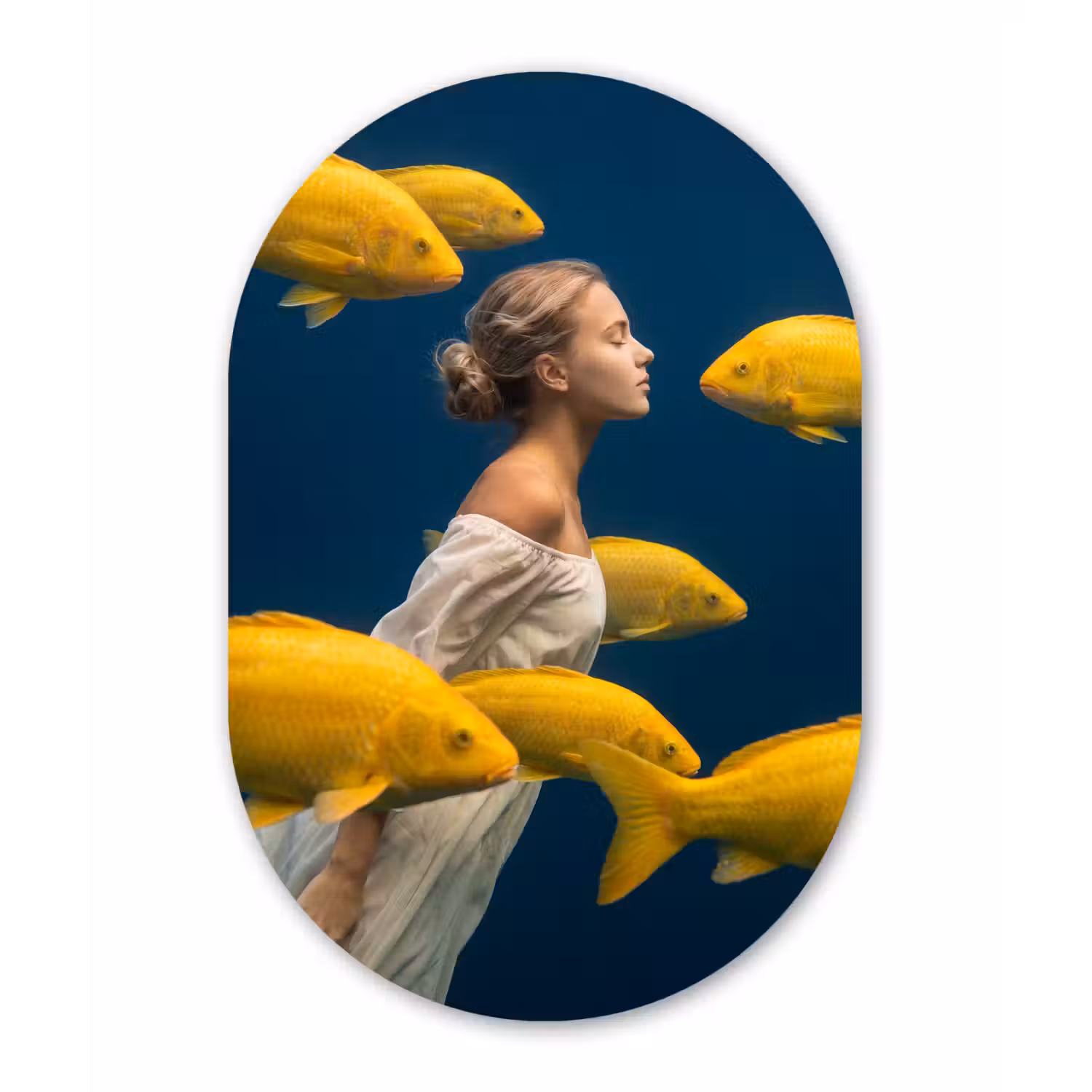 Vrouw - Vis - Water - Natuur - Geel Wandcirkel Ovaal Aluminium middel -3d
