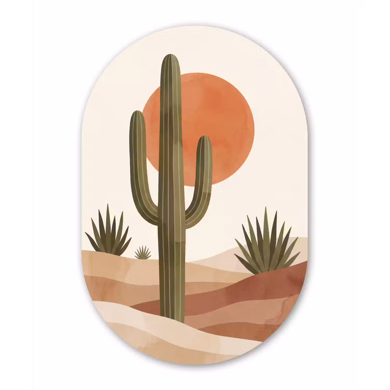 Cactus - Duinen - Modern - Landschap - Groen Wandcirkel Ovaal Aluminium middel -3d