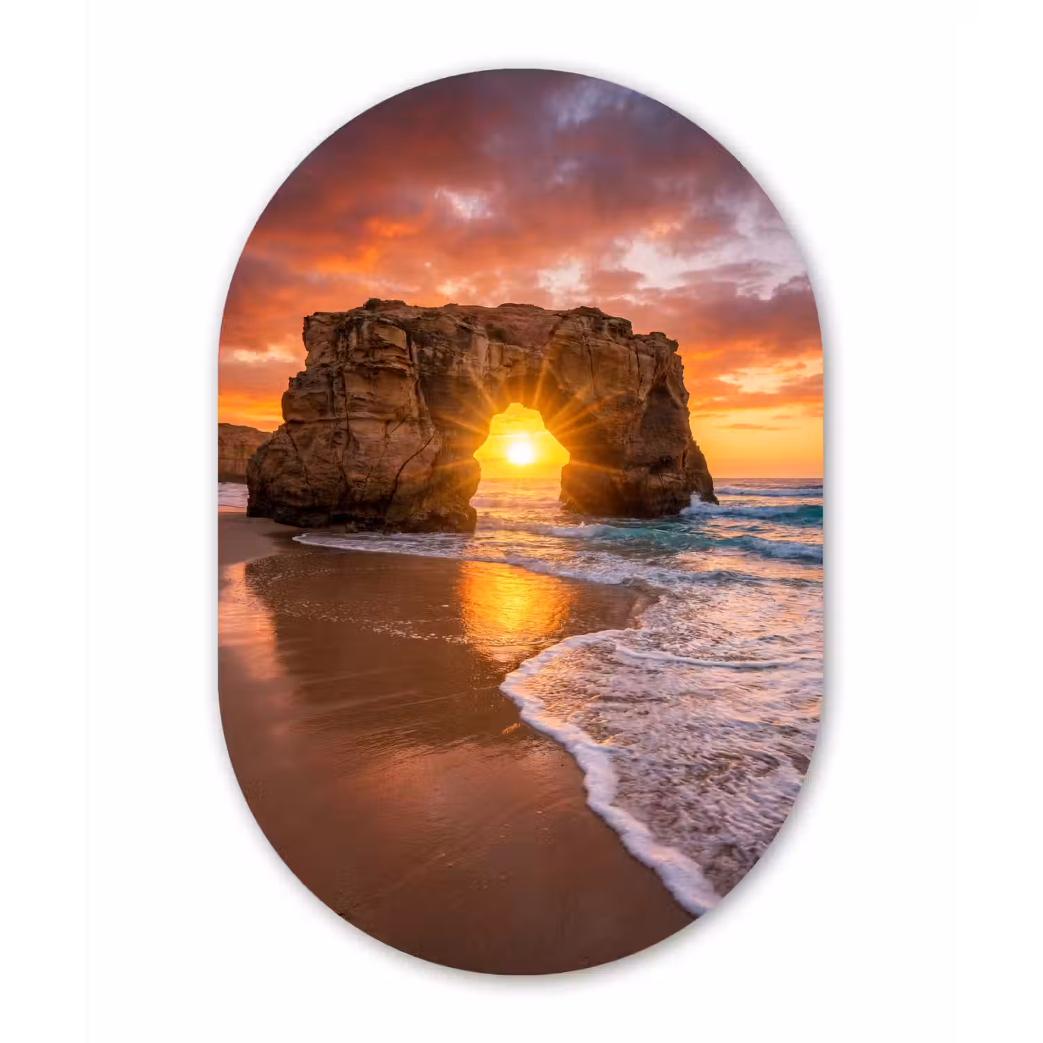 Kust - Rots - Zonsondergang - Zee - Natuur Wandcirkel Ovaal Aluminium middel -3d