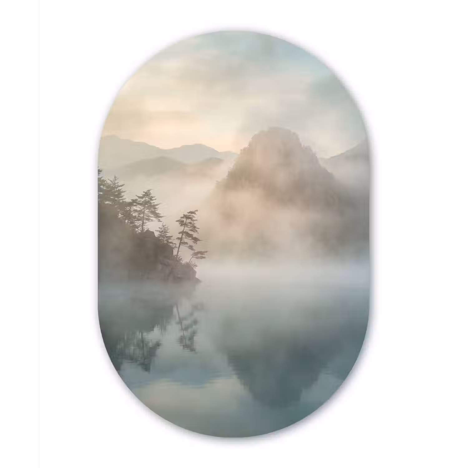 Landschap - Bergen - Mist - Water - Natuur Wandcirkel Ovaal Aluminium middel -3d