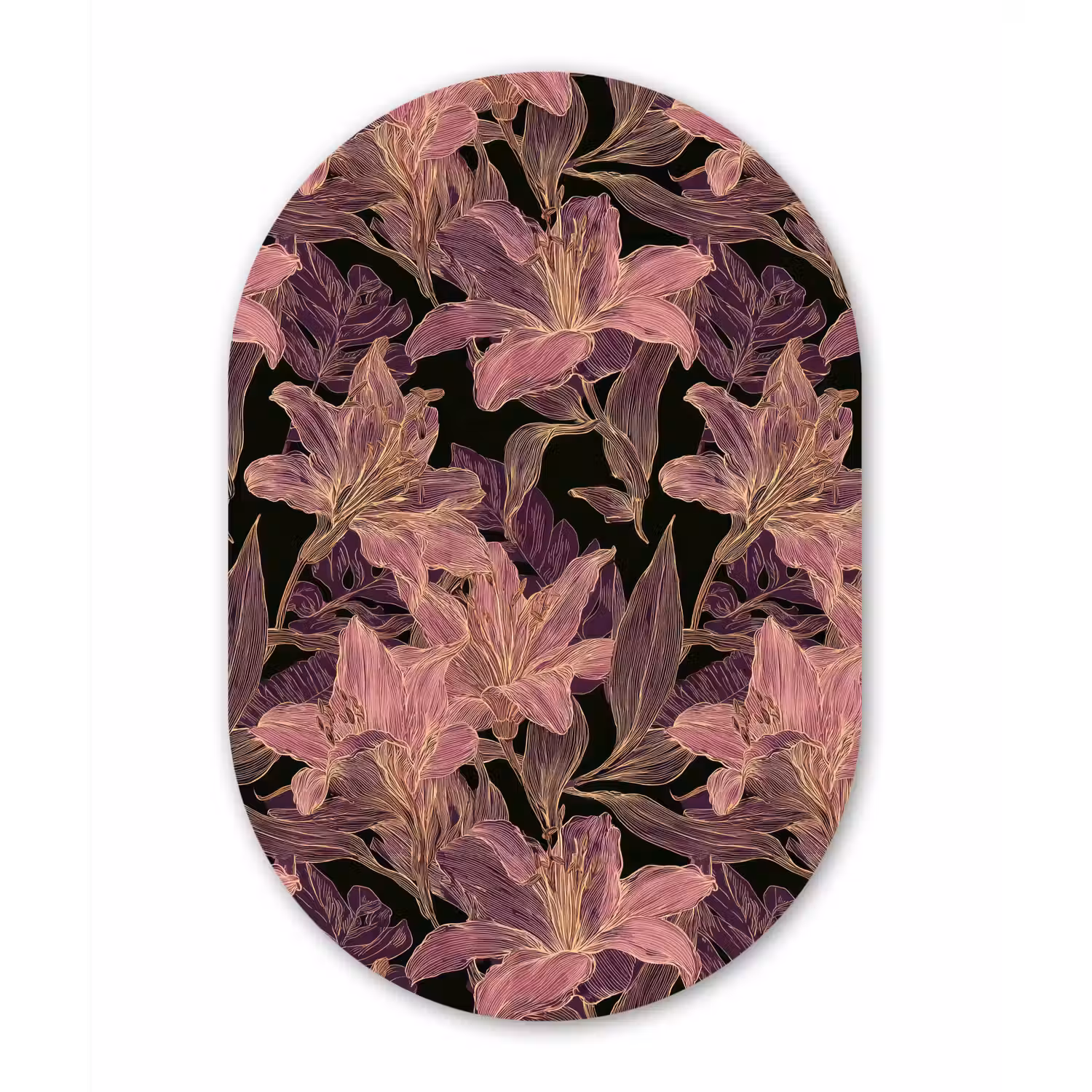 Lelies - Patroon - Paars - Goud Wandcirkel Ovaal Aluminium middel 839 -3d