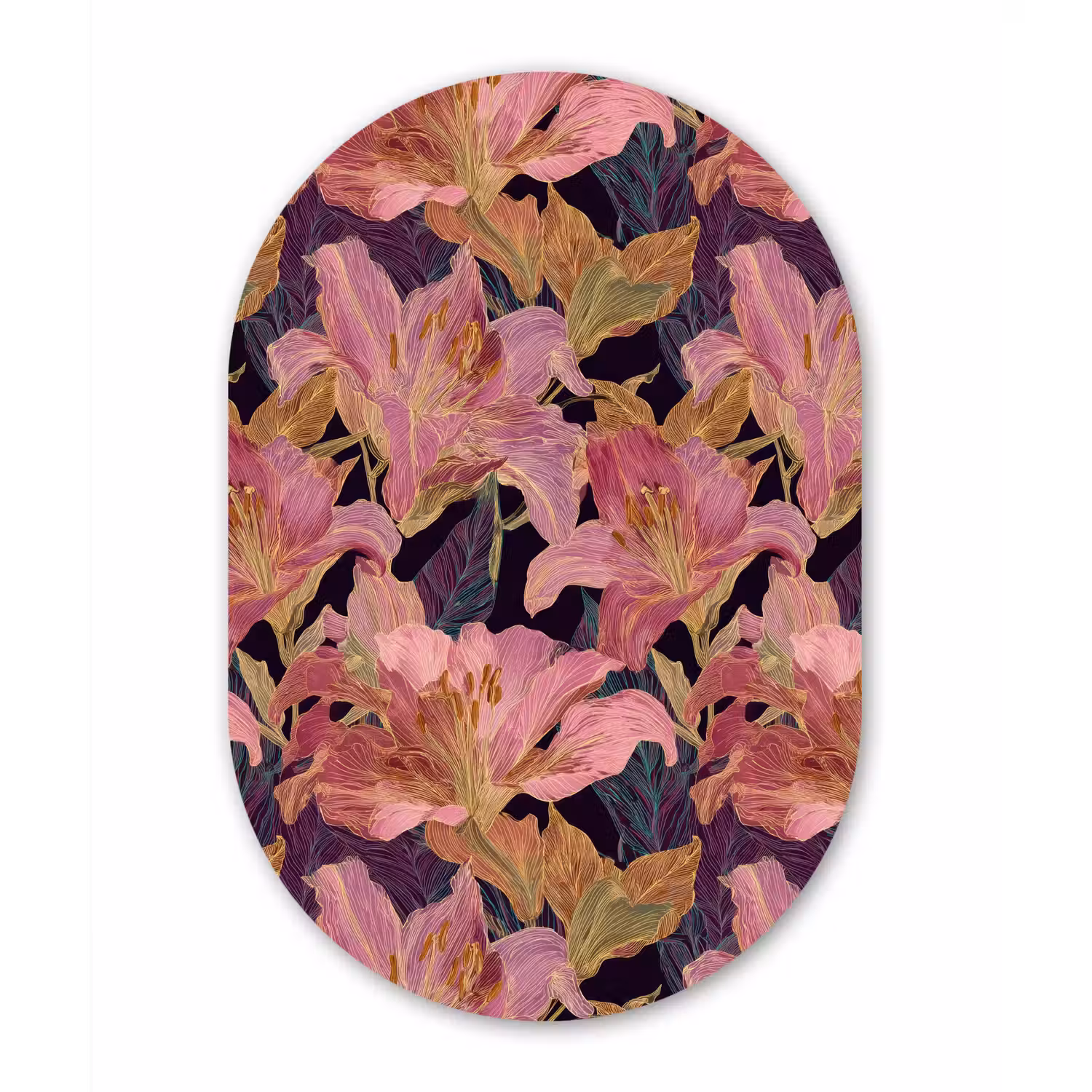 Lelies - Patroon - Roze - Goud Wandcirkel Ovaal Aluminium middel 839 -3d