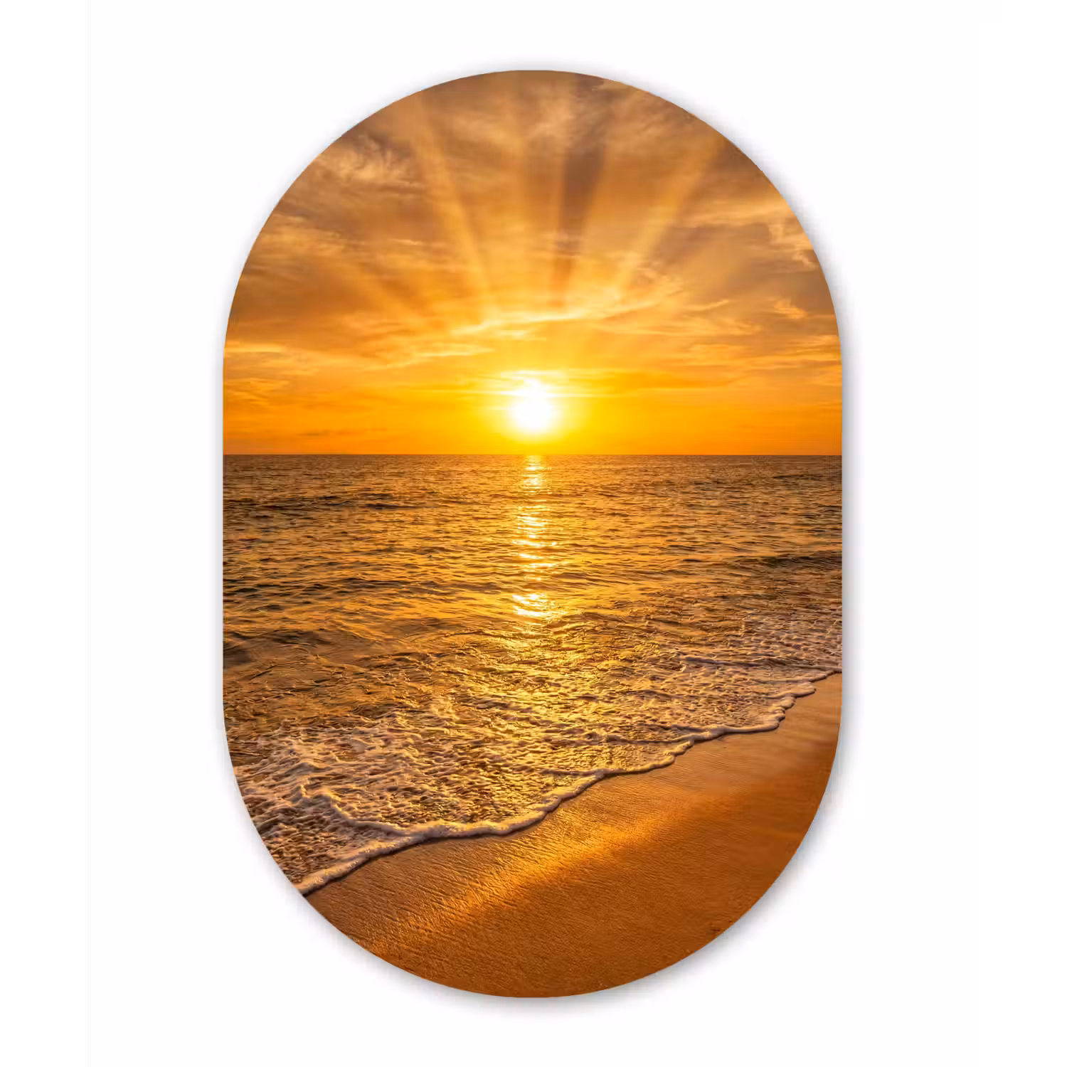 Zee - Zonsondergang - Golven - Kust - Oranje Wandcirkel Ovaal Aluminium middel -3d