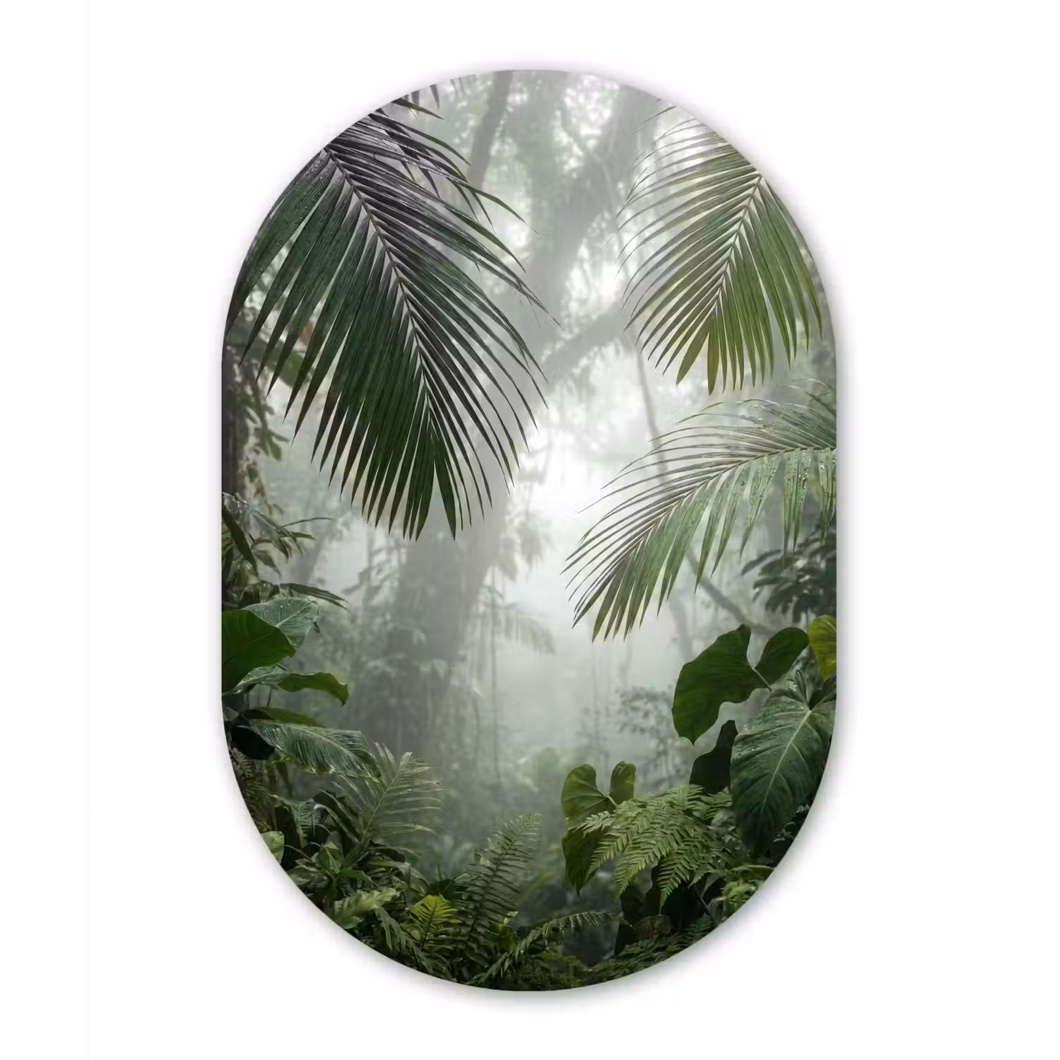 Natuur - Jungle - Mist - Tropisch - Groen Wandcirkel Ovaal Aluminium middel -3d