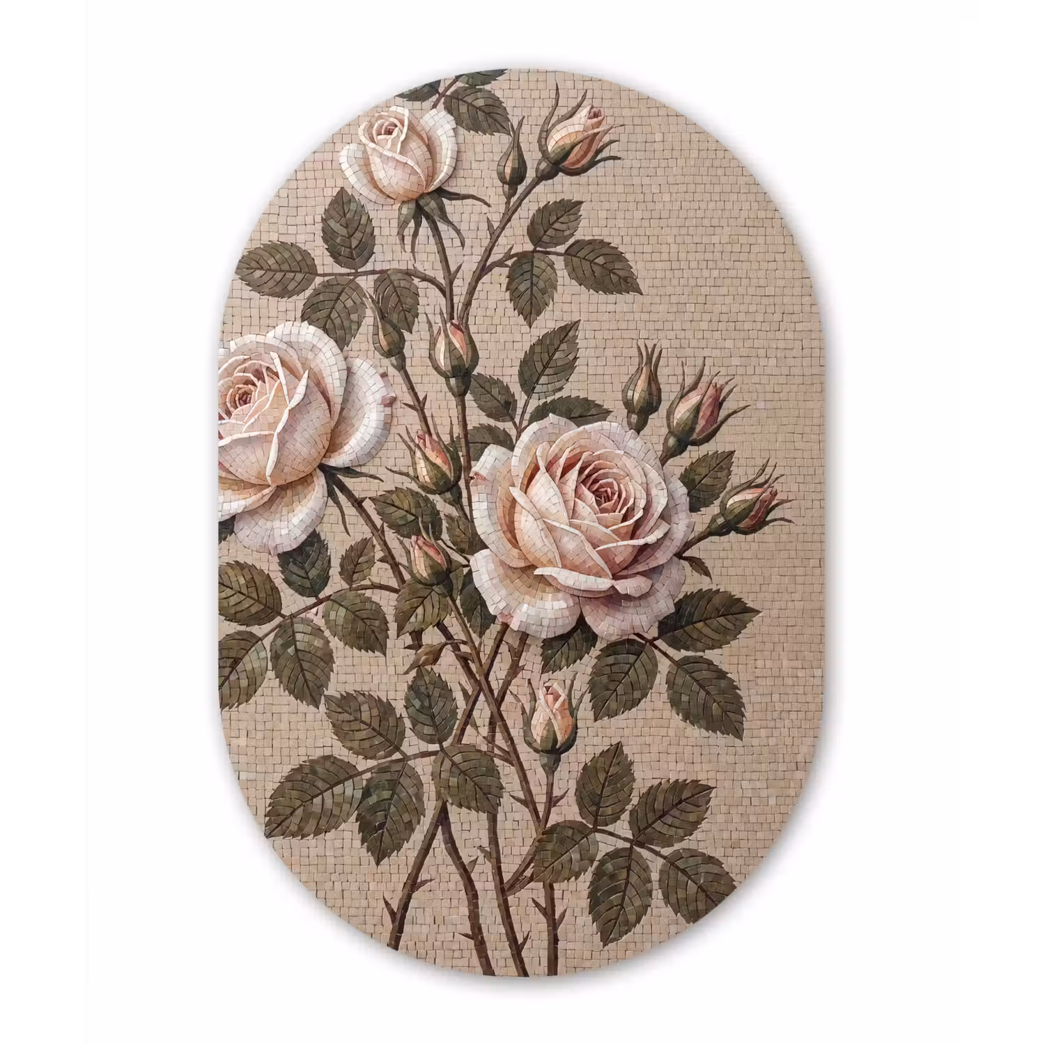 Roos - Mozaïek - Bloemen - Klassiek - Beige Wandcirkel Ovaal Aluminium middel -3d