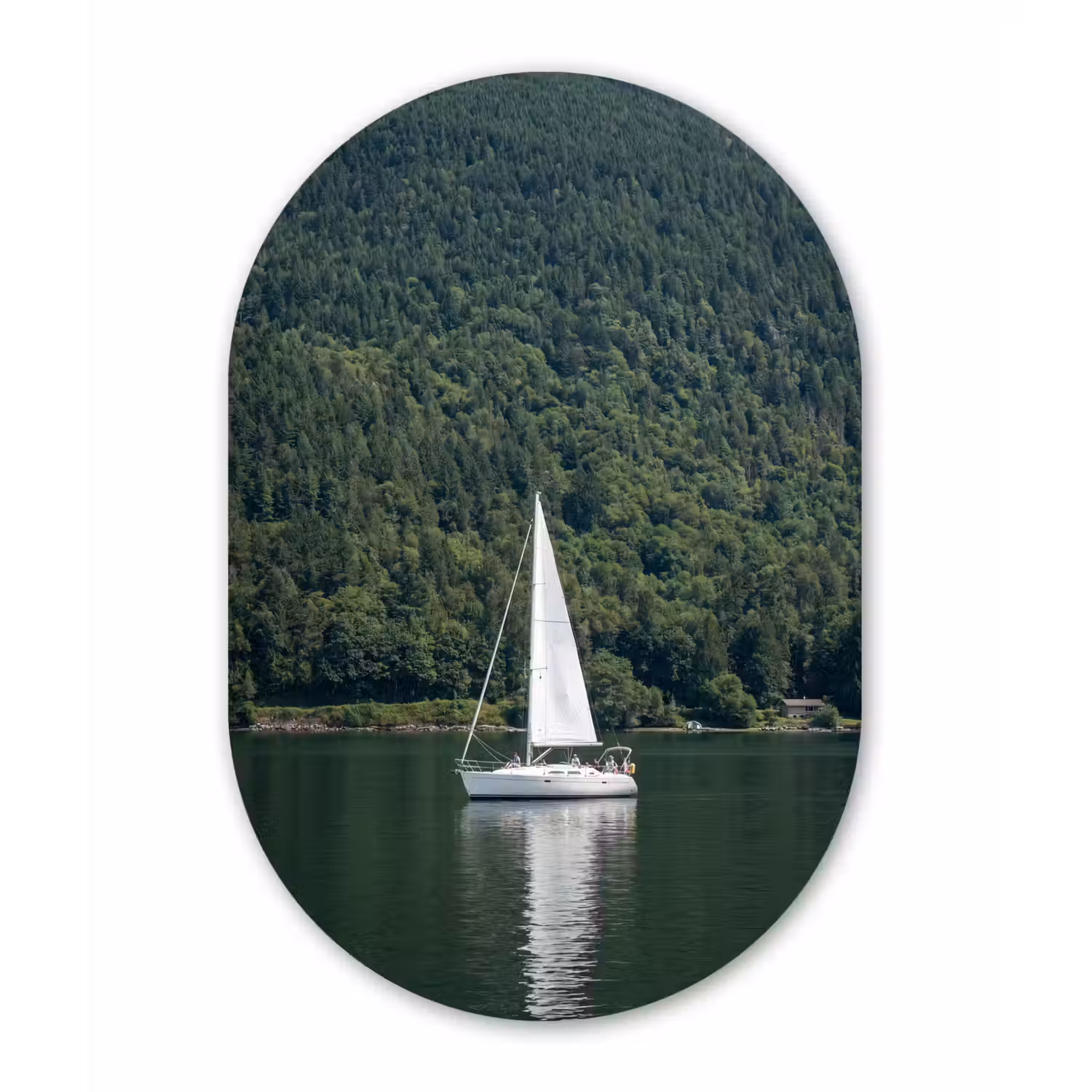 Zeilboot - Water - Bergen - Natuur - Groen Wandcirkel Ovaal Aluminium middel -3d