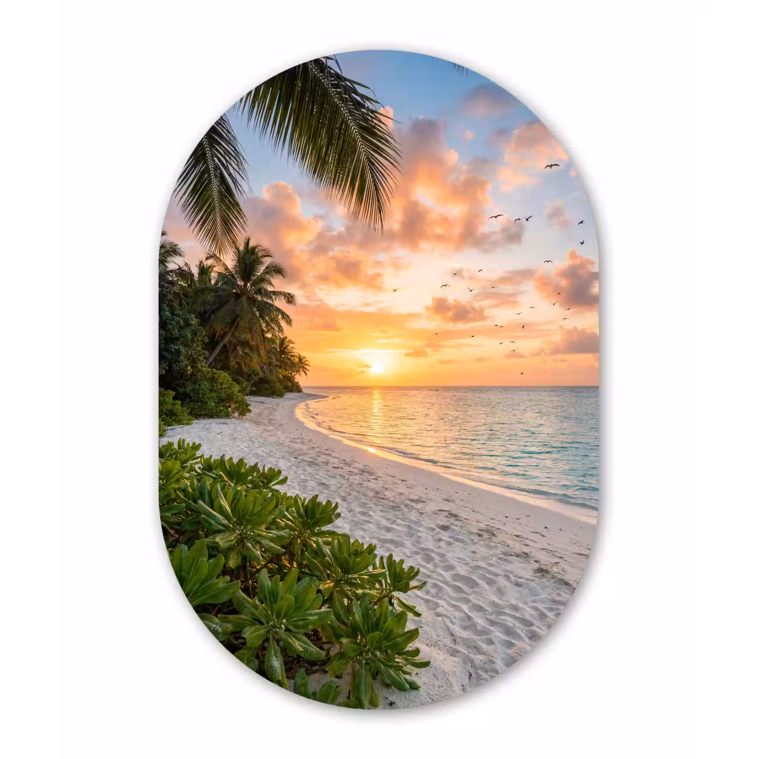 Strand - Zonsondergang - Palmbomen - Tropisch - Natuur Wandcirkel Ovaal Aluminium middel -3d