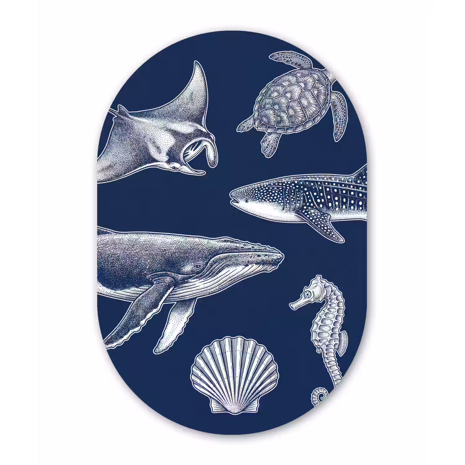 Dieren - Zeeleven - Oceaan - Graveren - Blauw Wandcirkel Ovaal Aluminium middel -3d