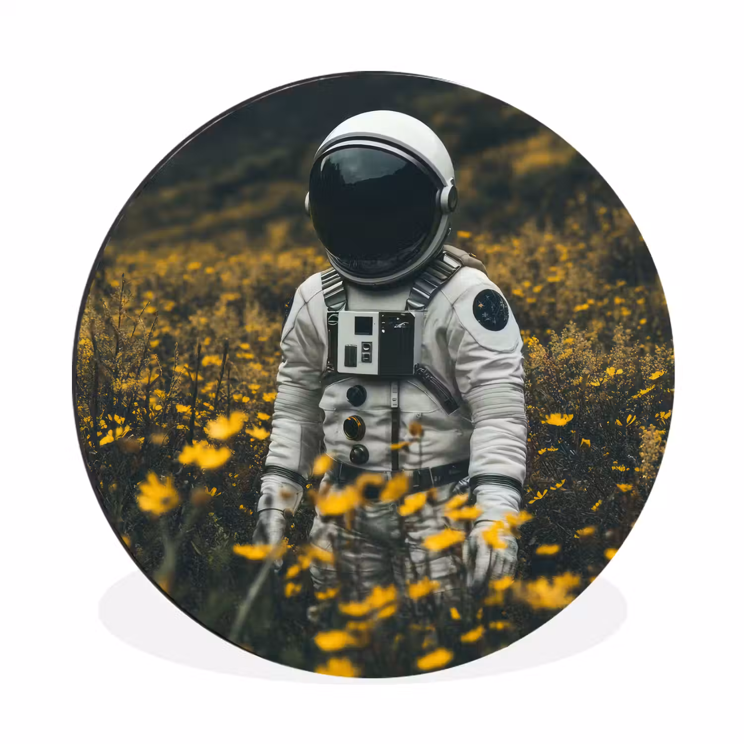 Astronaut - Bloemen - Veld - Geel Wandcirkel aluminium klein -3d