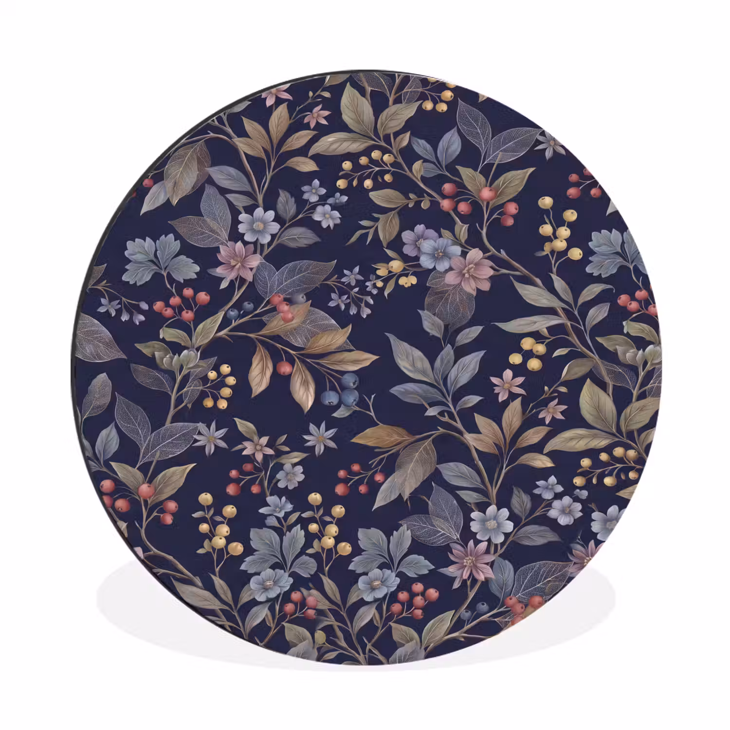 Bloemen - Bladeren - Patroon - Botanisch - Donkerblauw Wandcirkel aluminium klein -3d