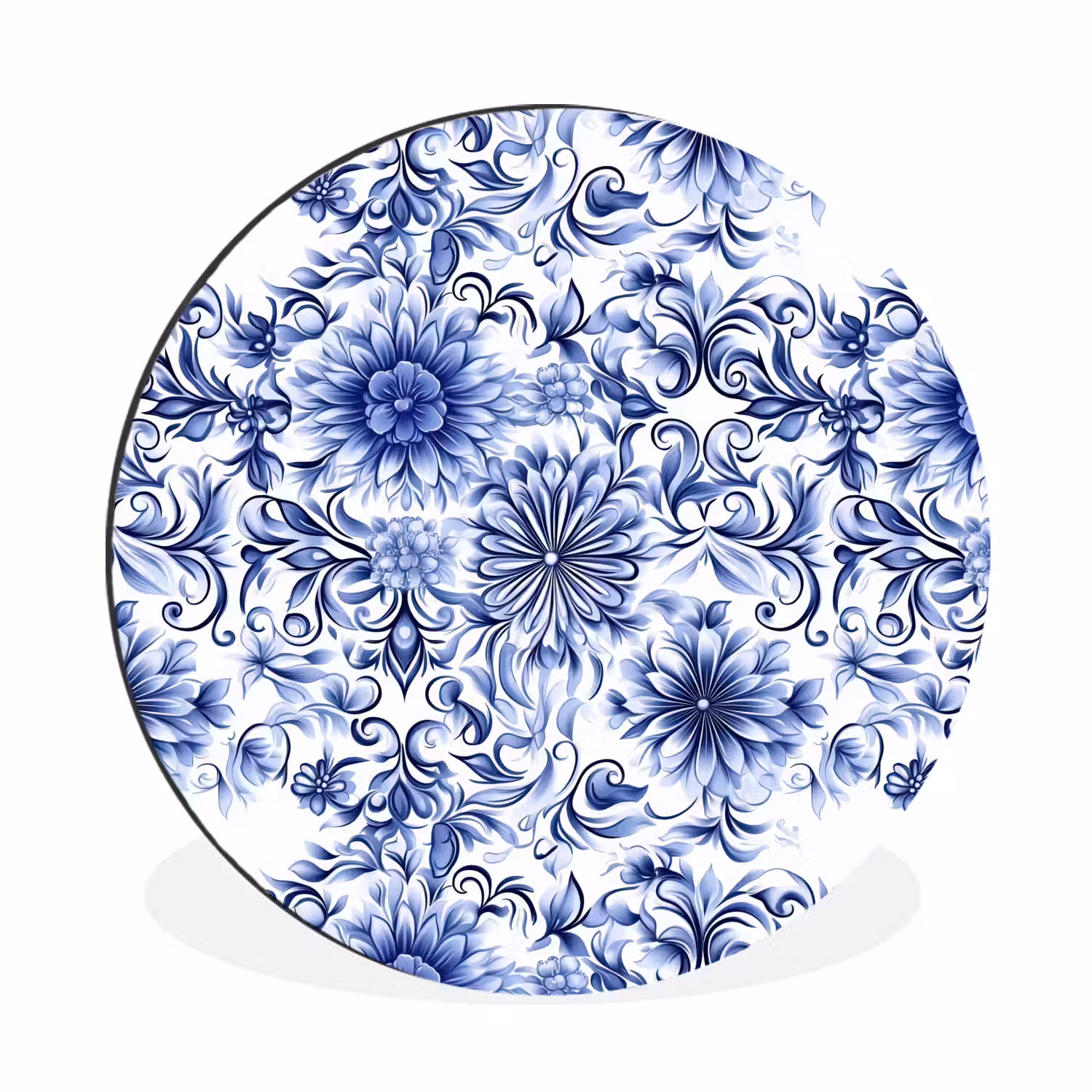 Bloemen - Blauw - Patroon - Wit Wandcirkel aluminium klein 190 -3d