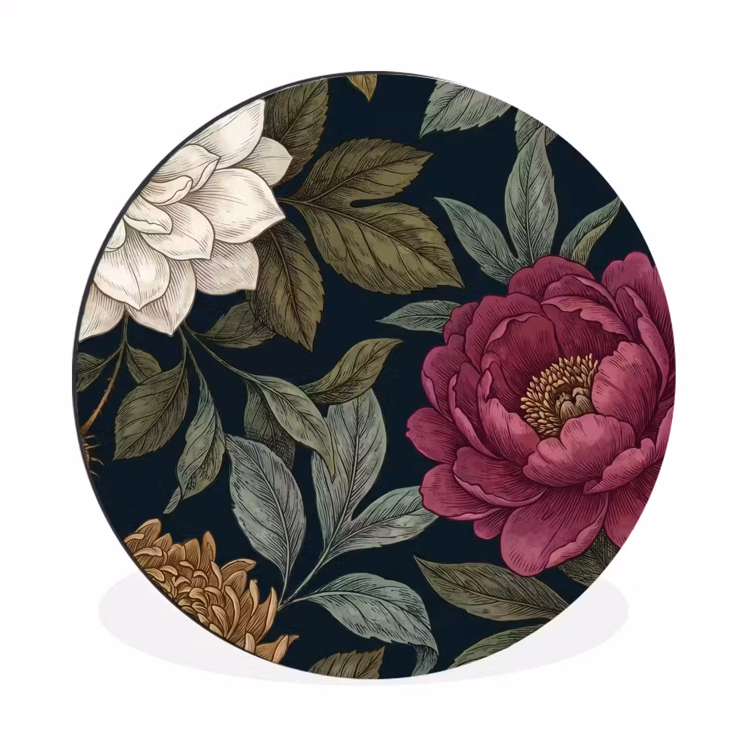 Bloemen - Botanisch - Illustratie - Donker - Vintage Wandcirkel aluminium klein -3d