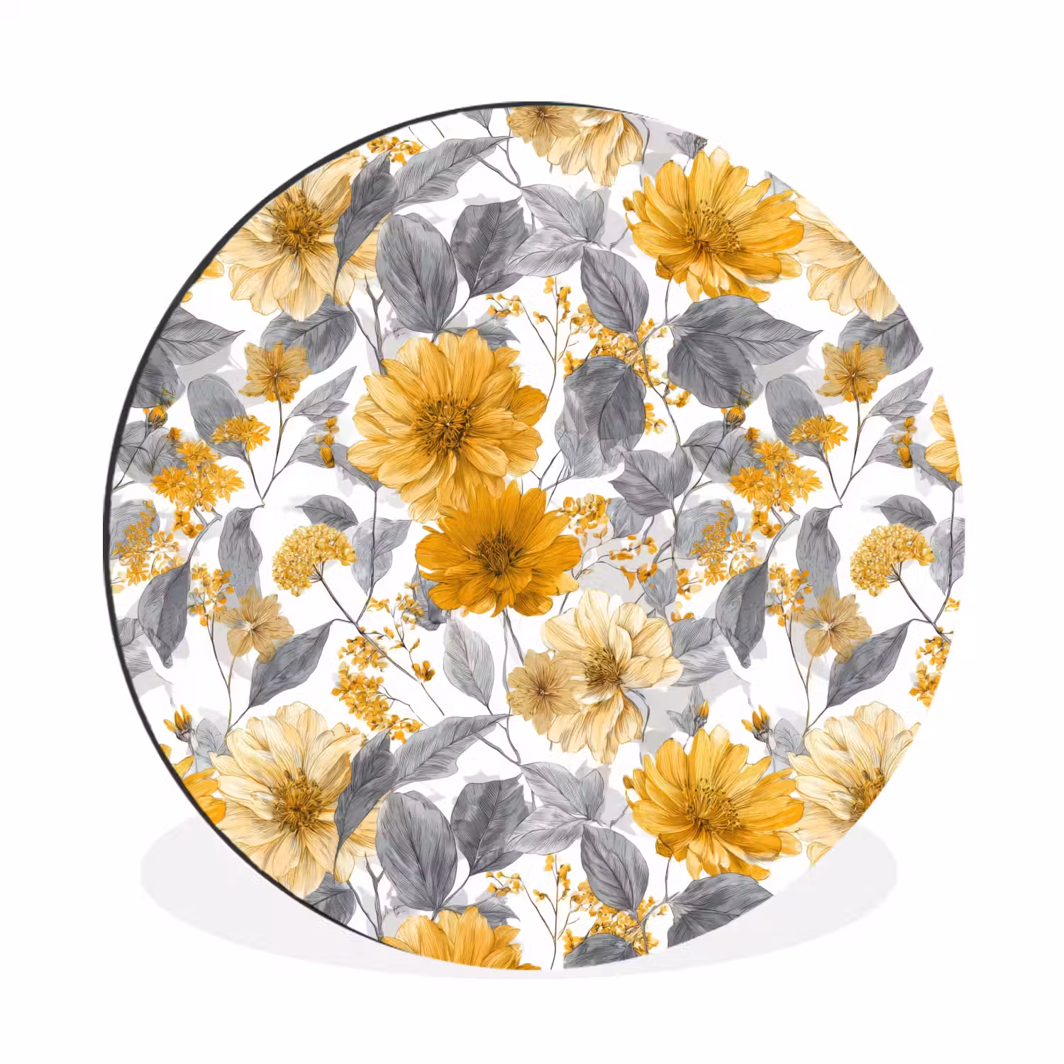 Bloemen - Botanisch - Elegant - Okergeel - Grijs Wandcirkel aluminium klein 190 -3d