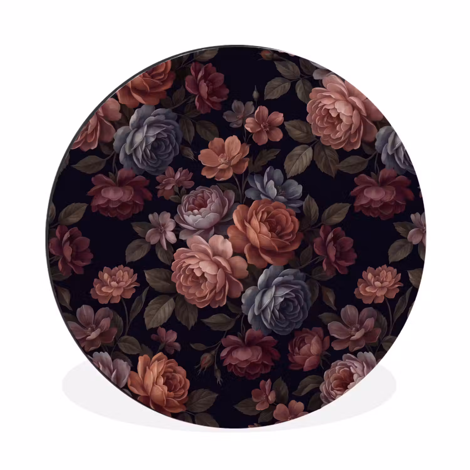 Bloemen - Patroon - Vintage - Donker - Roze Wandcirkel aluminium klein -3d