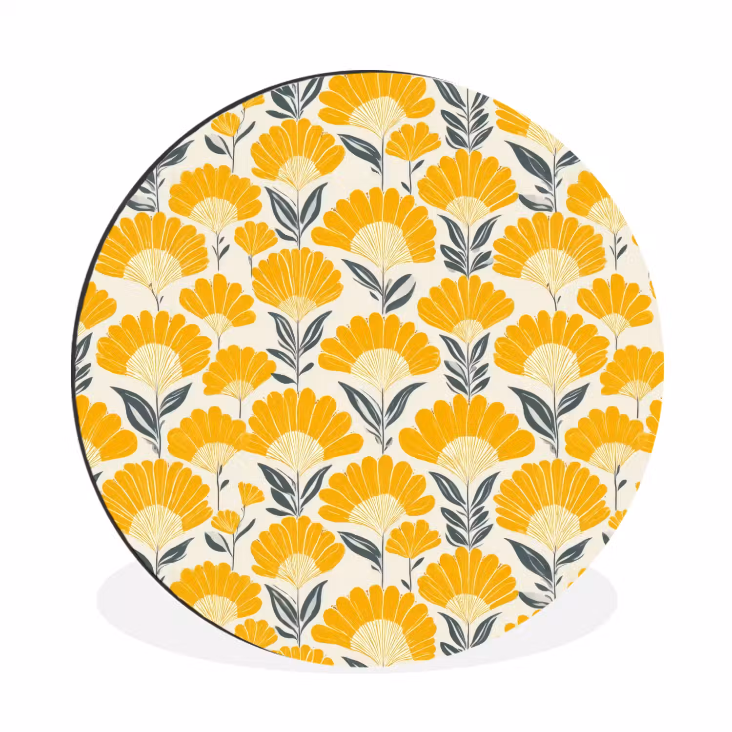 Bloemen - Retro - Botanisch - Okergeel - Grijs Wandcirkel aluminium klein 190 -3d