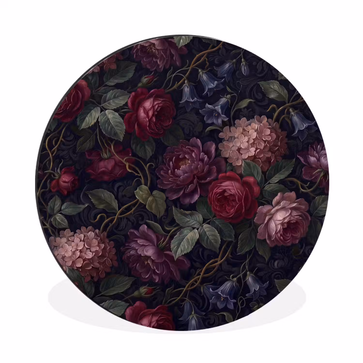 Bloemen - Rood - Klassiek - Donker - Patroon Wandcirkel aluminium klein -3d