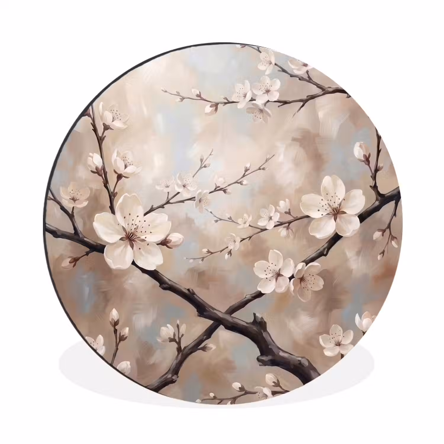 Bloesem - Takken - Schilderij - Beige - Serene Wandcirkel aluminium klein -3d