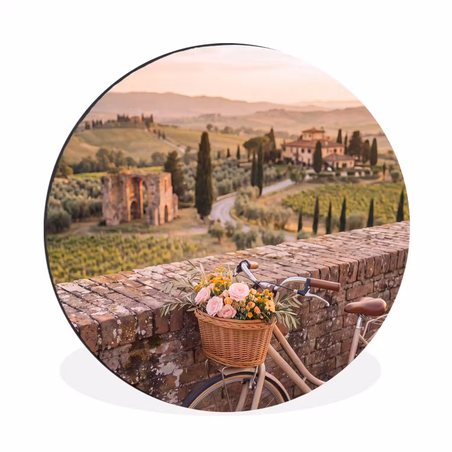 Fiets - Bloemen - Toscane - Landschap - Roze Wandcirkel aluminium klein -3d
