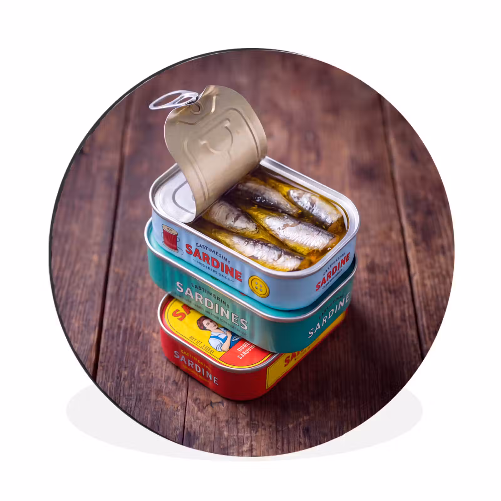 Alu-Dibond-Bild Rund - Fisch – Dosen – Küche - Vis - Blikjes - Keuken Wandcirkel aluminium klein