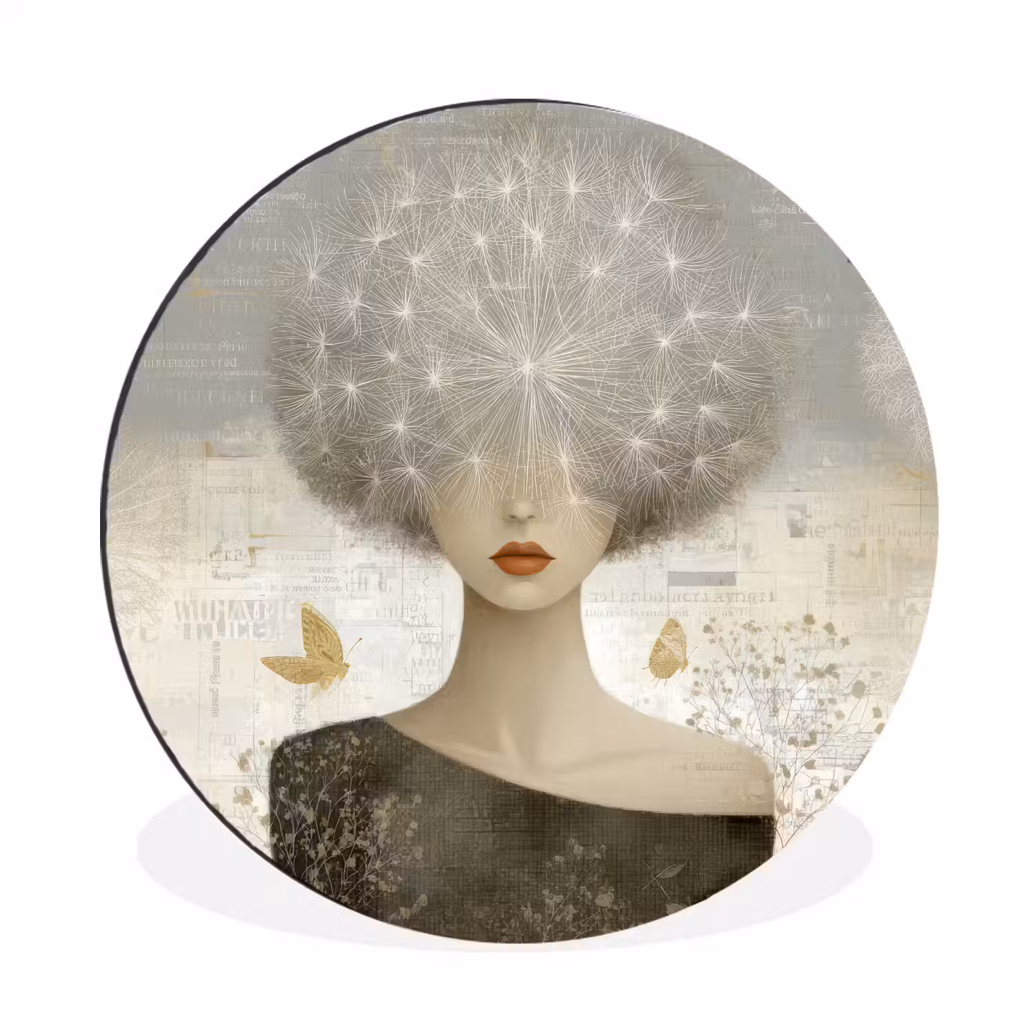 Pluis - Vrouw - Beige Wandcirkel aluminium klein -3d