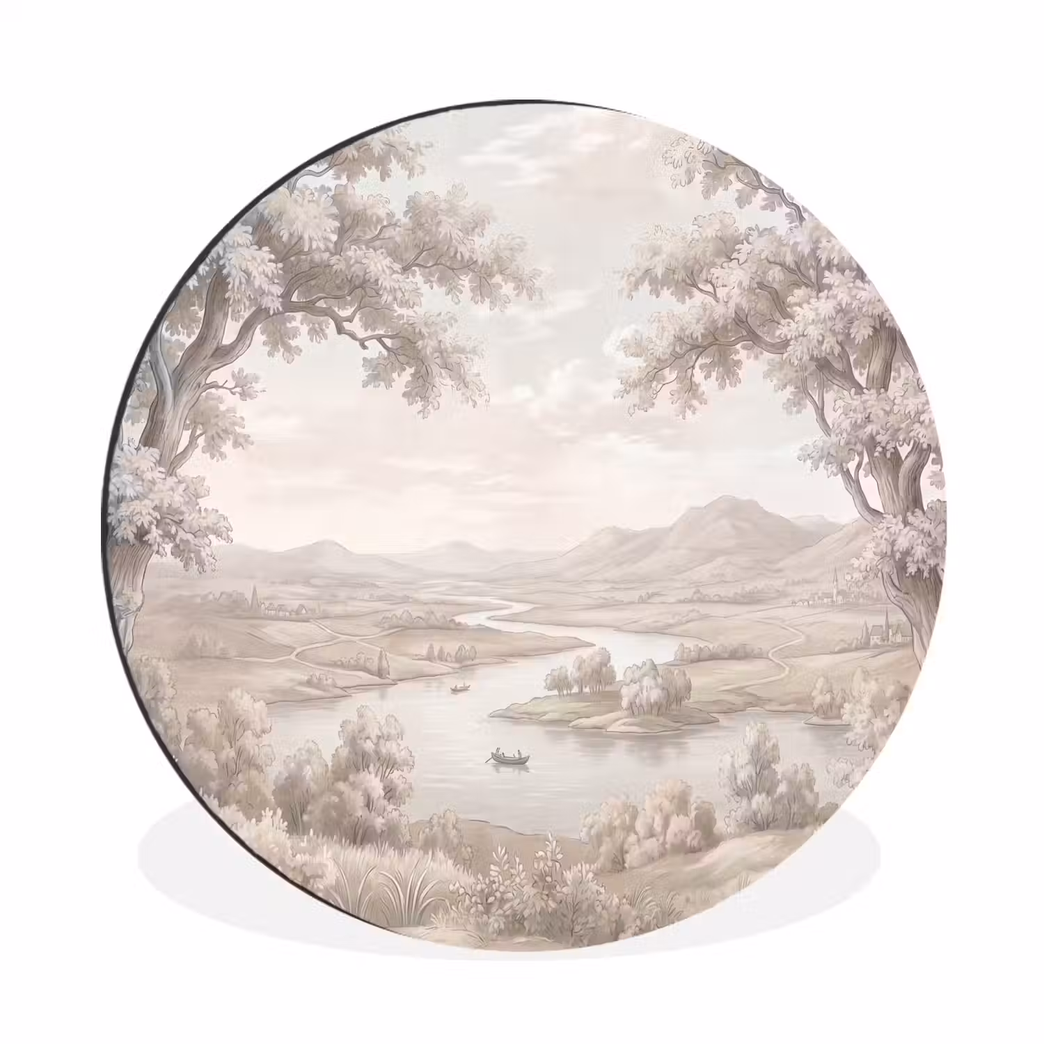 Rivierlandschap - Bergen - Natuur - Vintage - Beige Wandcirkel aluminium klein -3d