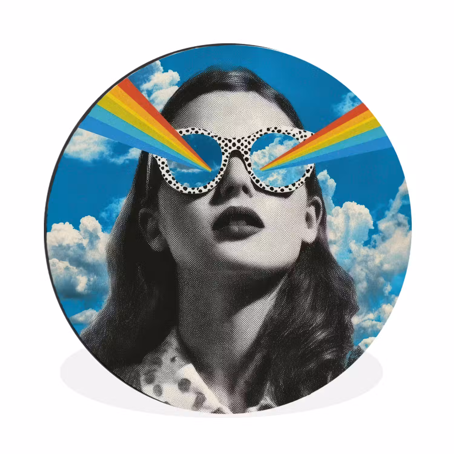 Vrouw - Bril - Regenboog - Wolken Wandcirkel aluminium klein -3d