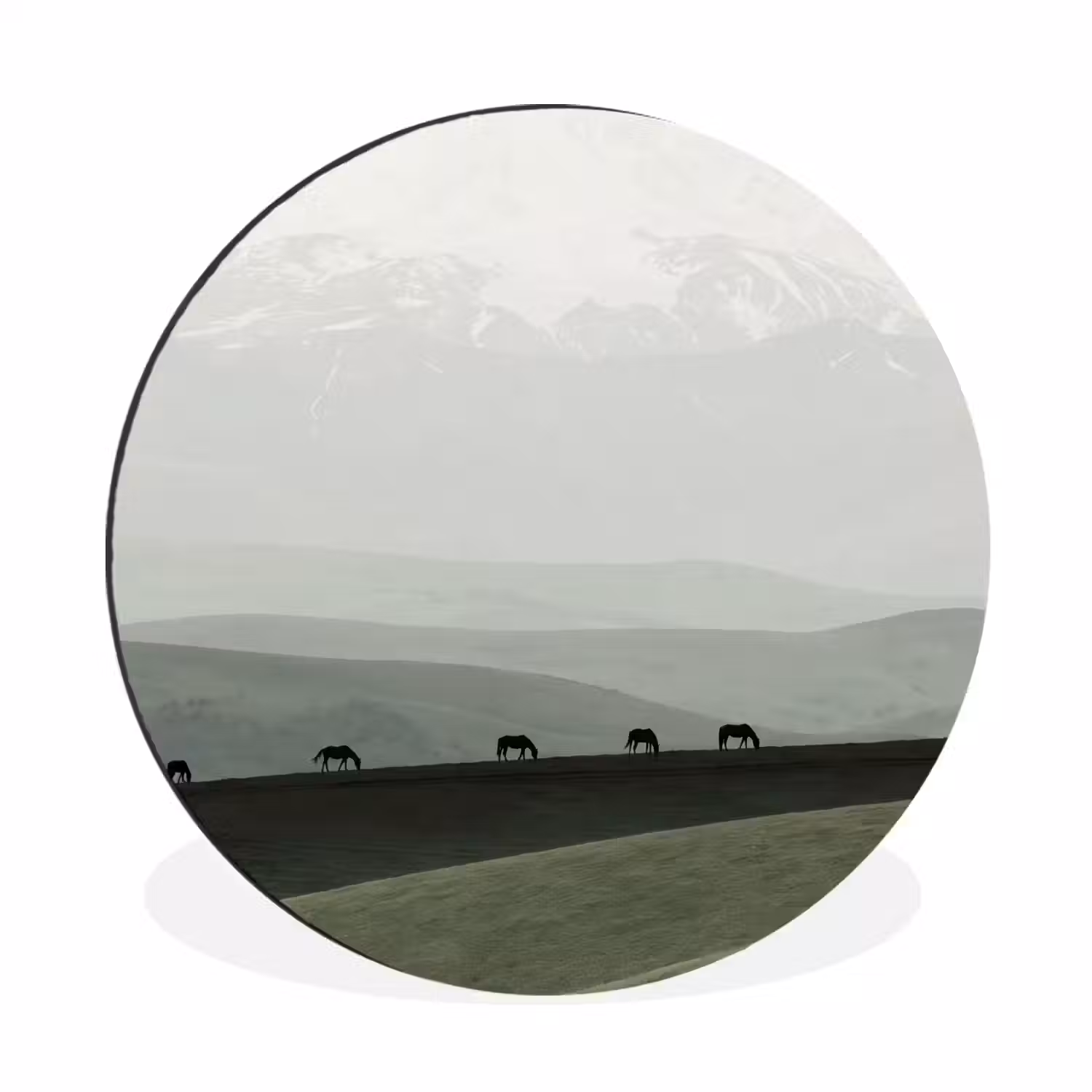 Grijs - Berg - Paarden Wandcirkel aluminium klein -3d