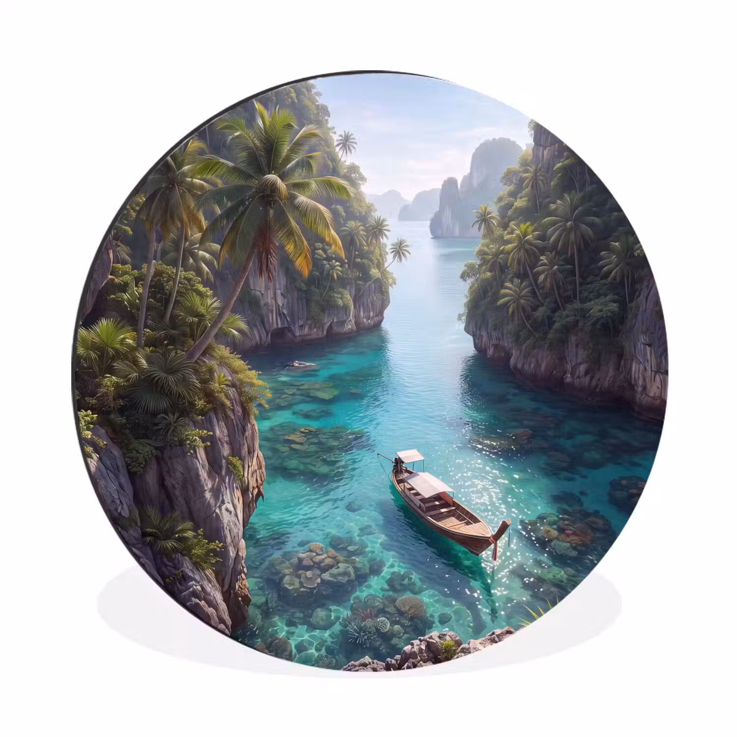 Eiland - Tropisch - Water - Palmbomen - Natuur Wandcirkel aluminium klein -3d