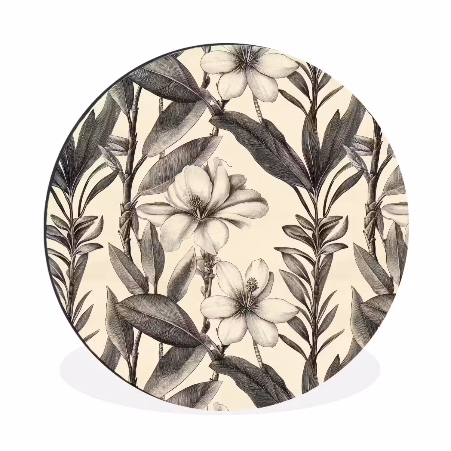 Klassiek - Botanisch - Zwart - Beige Wandcirkel aluminium klein 190 -3d