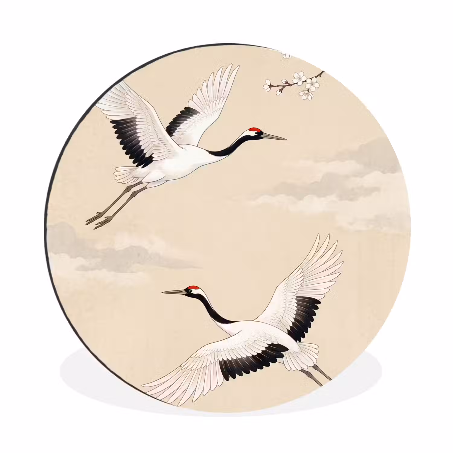 Kraanvogels - Bloesem - Beige Wandcirkel aluminium klein -3d