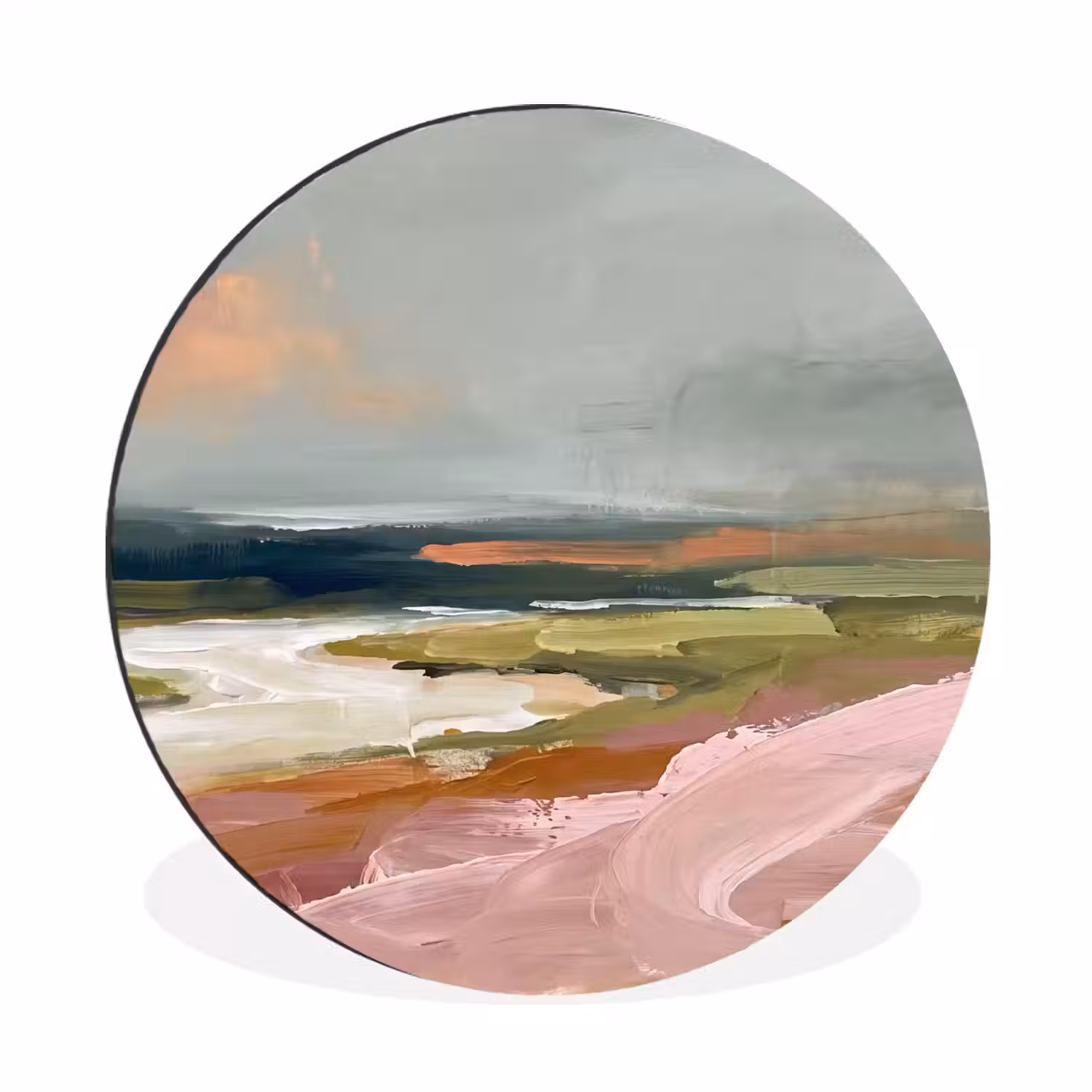 Landschap - Rivier - Abstract - Roze - Groen Wandcirkel aluminium klein -3d