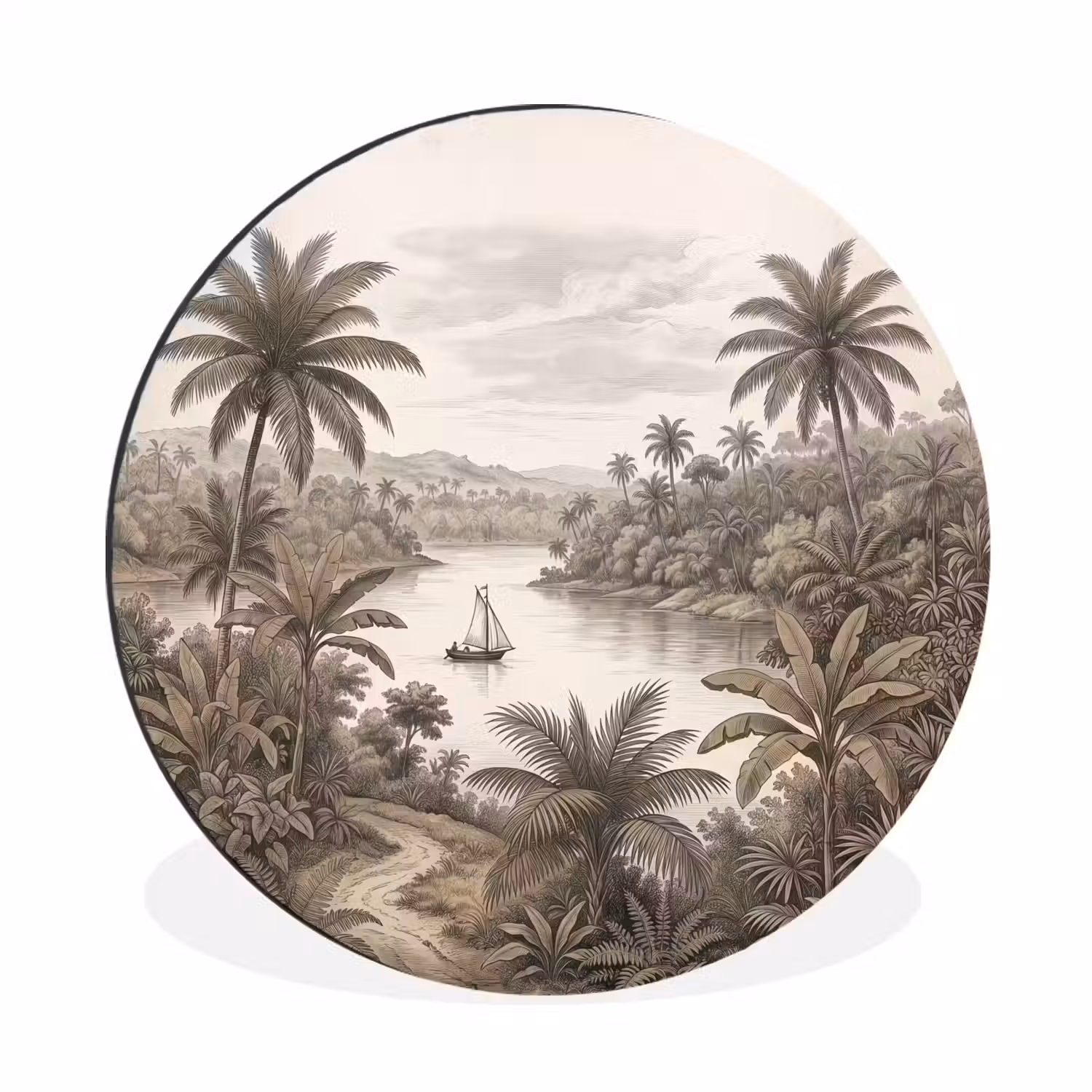 Landschap - Rivier - Boot - Tropisch - Vintage Wandcirkel aluminium klein -3d