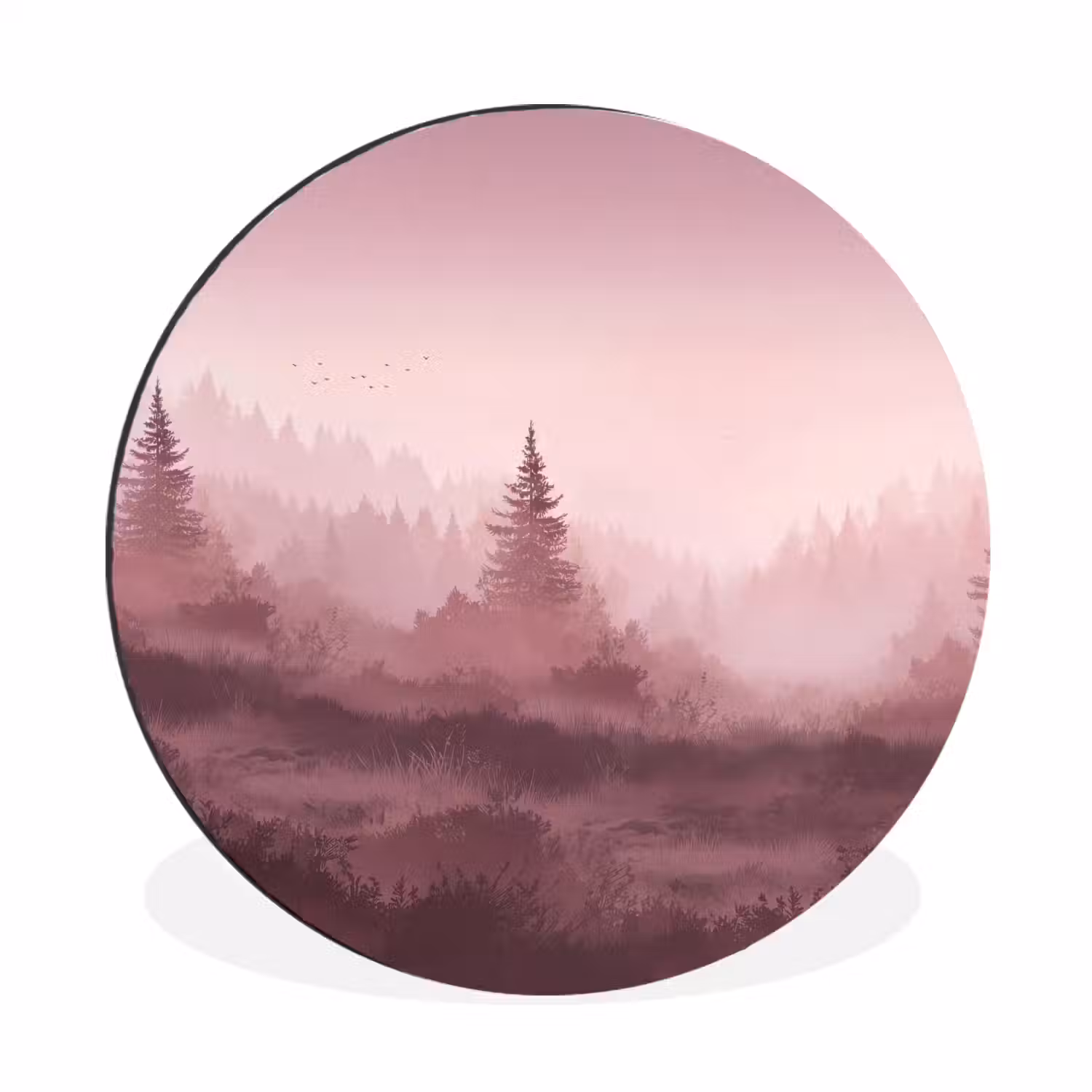 Landschap - Mistig - Roze Wandcirkel aluminium klein -3d